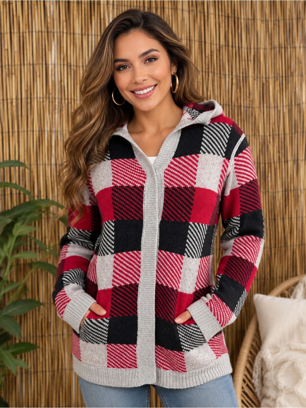 J.Jill Hooded Plaid Cardigan Sweater Red Black Gray Wool Blend XS